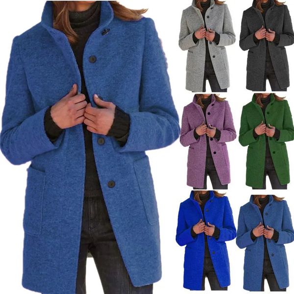 Women&#039;s Wool Blends Autumn Winter Women&#039;s Overcoat Vintage Solid Button Standing Collar Woolen Coat Fashion Ladies Casual Thick Ja
