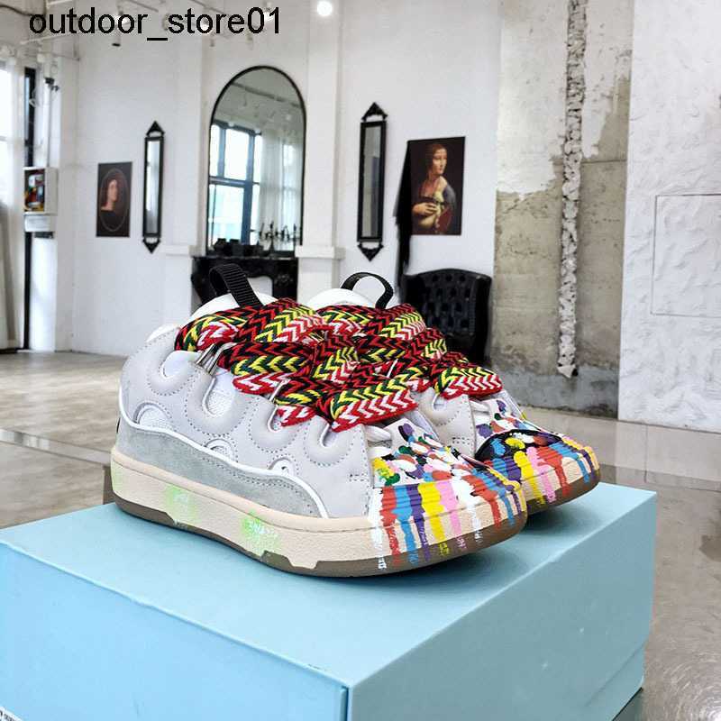 Designer Sneakers Lanvins Fashion Brand Dress Shoes Splash Ink Men Women New Genuine Leather Painted Skateboarding Shoe Graffiti Thick Bottom Bread