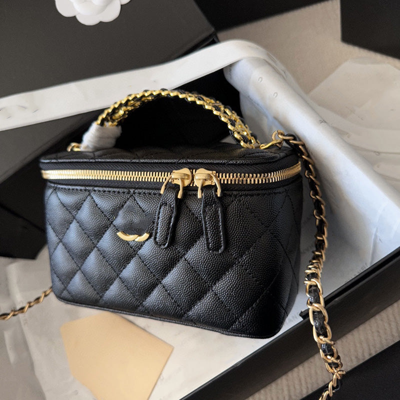 Designer Bag 10colors Caviar Leather Lipstick Ccbadge Zipper Trunk Makeup Box Bag with Mirror Card Holder Gold Metal Hardware Matelasse Chain Crossb