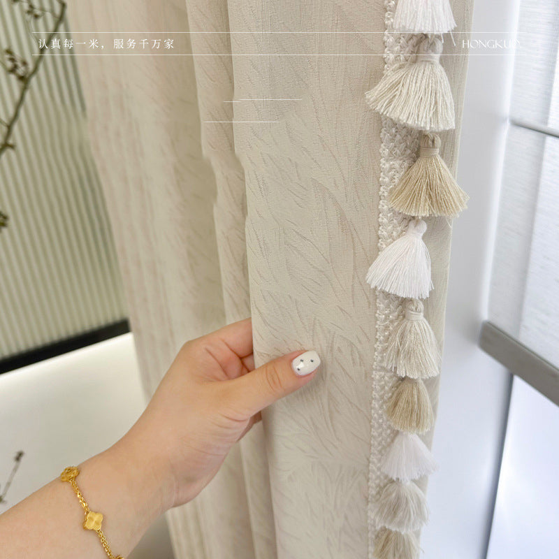 A11 Light Feather High Precision Jacquard Blackout Curtain French Cream Style Curtain Can Add Lining and Tassels