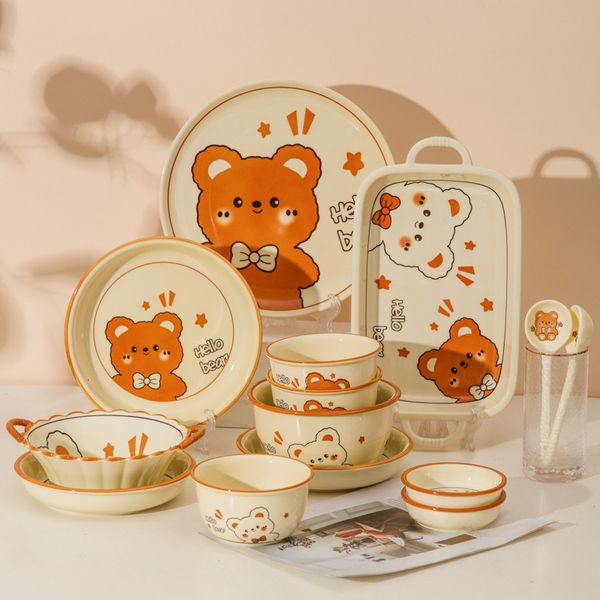 Ins High Beauty Cute Bear Ceramic And Dish Set Household Utensils Noodles Soup Double Ears Rice Bowl Plate