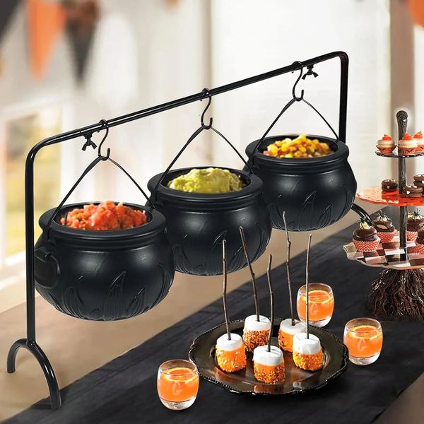 Halloween Set of 3 Witches Cauldron Serving Bowls on Rack Plastic Pocus Candy Bucket for Home Kitchen Party Decoration 240823