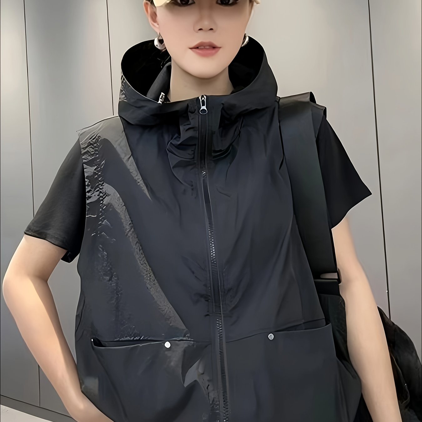 TEMU Women's Lightweight Hooded Zip-up Vest - Casual Sleeveless Design With Front Pockets, Solid Black, Casual Attire, Casual Wear Vest | Minimalist