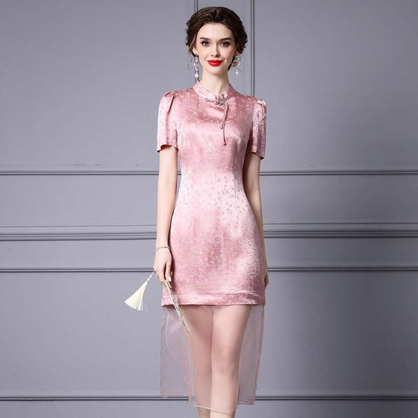 Pink New Chinese Style Dress with Stand Up Collar Pan Buckle Mesh Splicing Acetic Acid Modified Hip Hugging Cheongsam Skirt for Summer Women