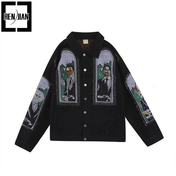 Mens Fashion Hip Hop Denim Jacket With Embroidery Hi Street Loose Fit Jeans Coat Y2K Vibe Style Oversized Outerwear 240415