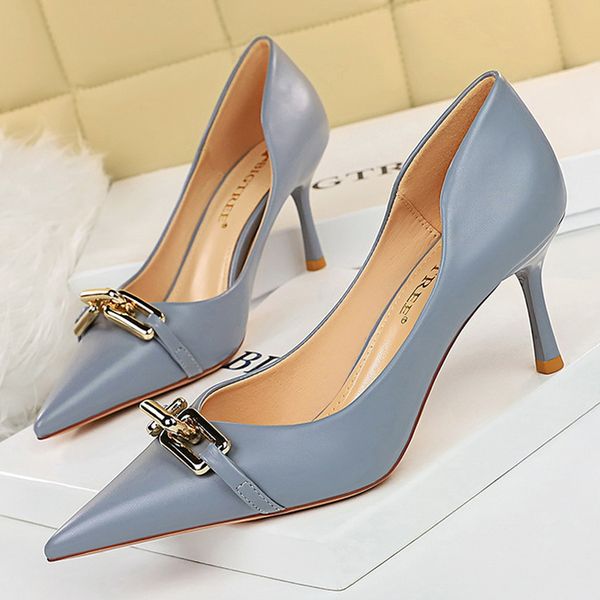 BIGTREE Elegant Pumps Metal Button Kitten Women Stiletto Banquet Shoes Pointed High Heels Large Size 43