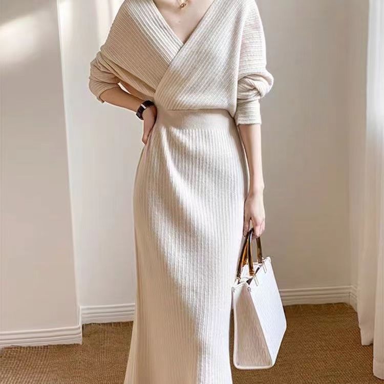 New Autumn Winter French Style Elegant Socialite Sweater Dress Collar Knitted Dress Winter Dress