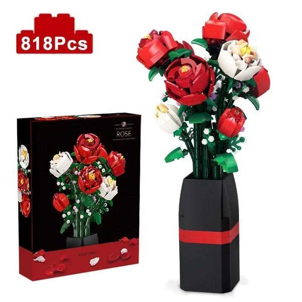 Blocks 818 flower bouquets building blocks red roses white vase bricks toy sets Valentines Day Christmas gifts creative decorations H241107