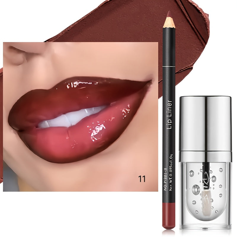 TEMU 2pcs Hydrating Lip Makeup Duo Set -infused Lip Liner & Transparent Lip Oil - Versatile, Long-lasting Lip Contouring Paste Kit For Berry & Brown