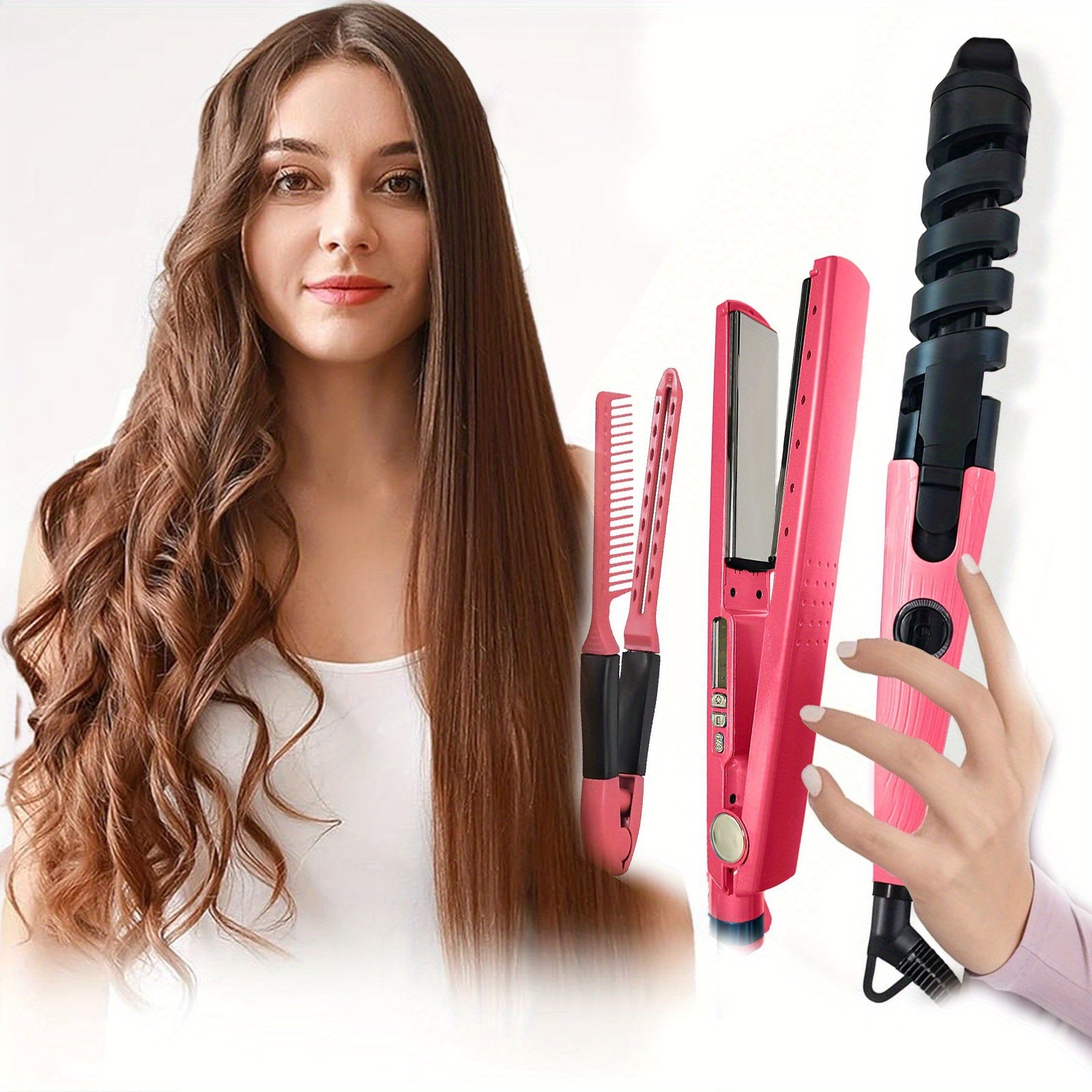 TEMU Us Plug 3pcs Professional Hair Styling Kit, Hair Straightener, Curling Iron With Flat Iron, V-shaped Hair Brush For Salon, Travel, Home Use,