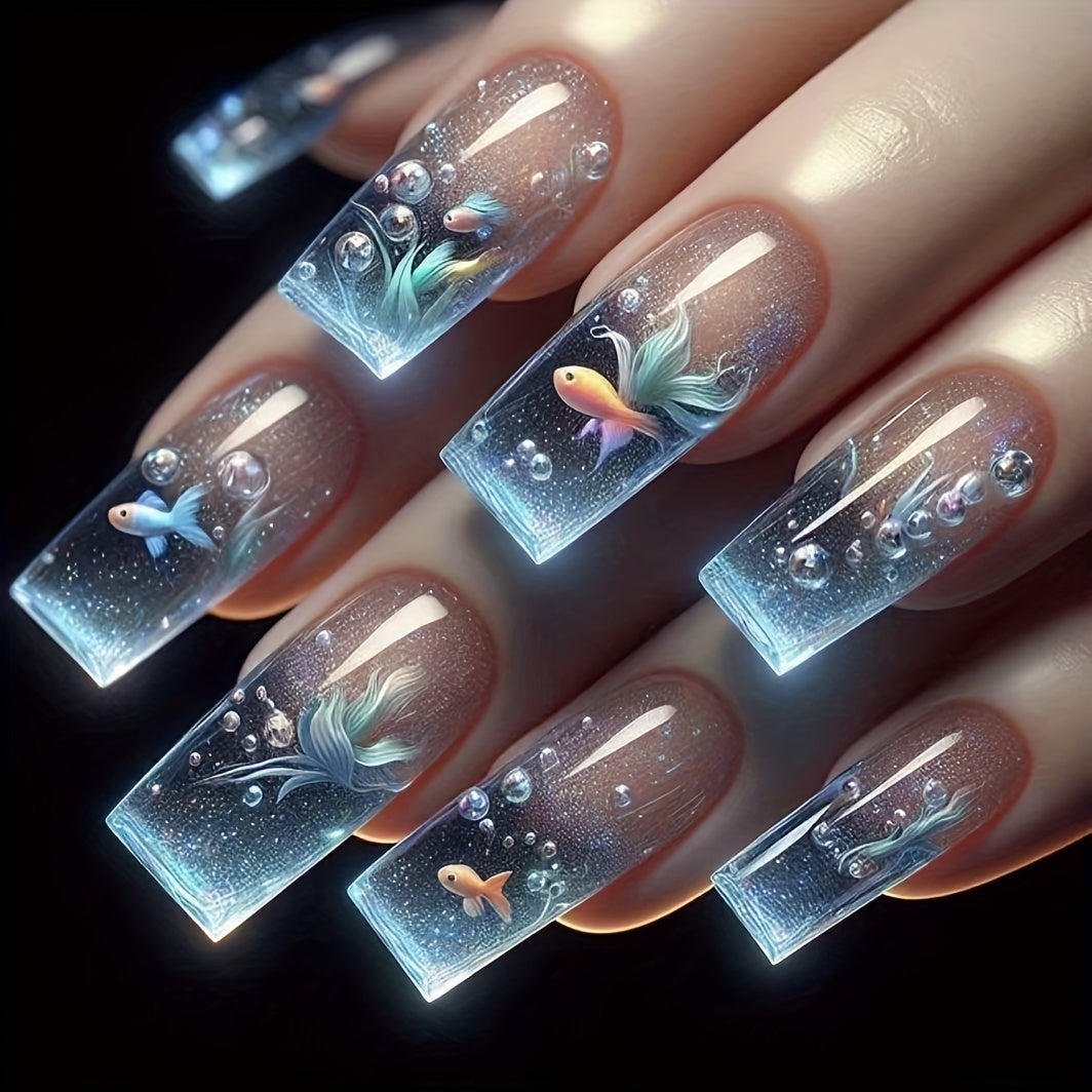 TEMU Ladies' False Nails Series, Square And Long, With A Gradient Underwater Fish, Bubble, And Seaweed , Removable And Reusable.