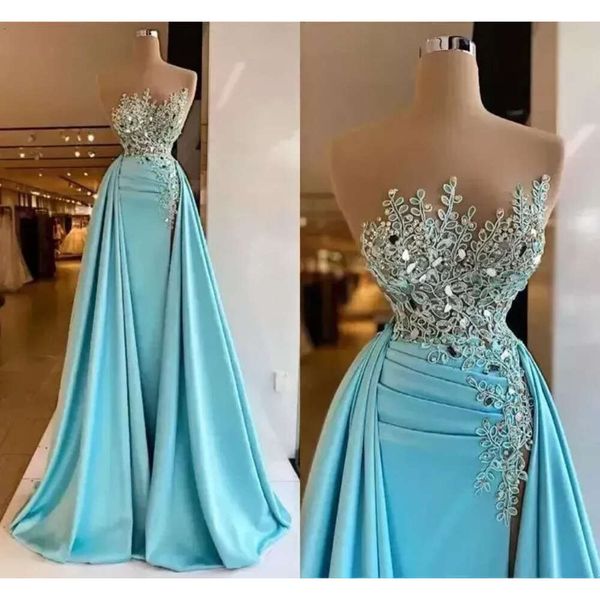 Blue Mermaid Evening Dresses Overskirt Sequins Sleeveless Lace Designer Scoop Neck Or Length Custom Made Formal Ocn Wear Arabic Prom Gown Ve