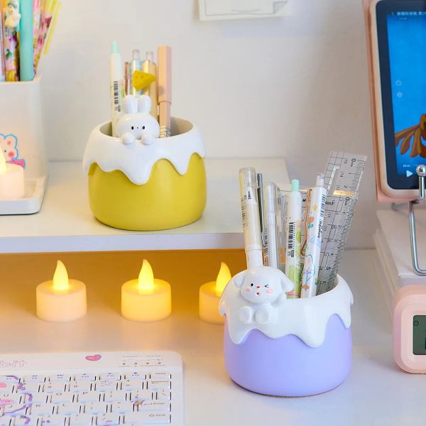 Creative Resin Can Pen Holder Cute Rabbit and Puppy Large Capacity Pen Holder School Stationery Office Accessories Desk Storage