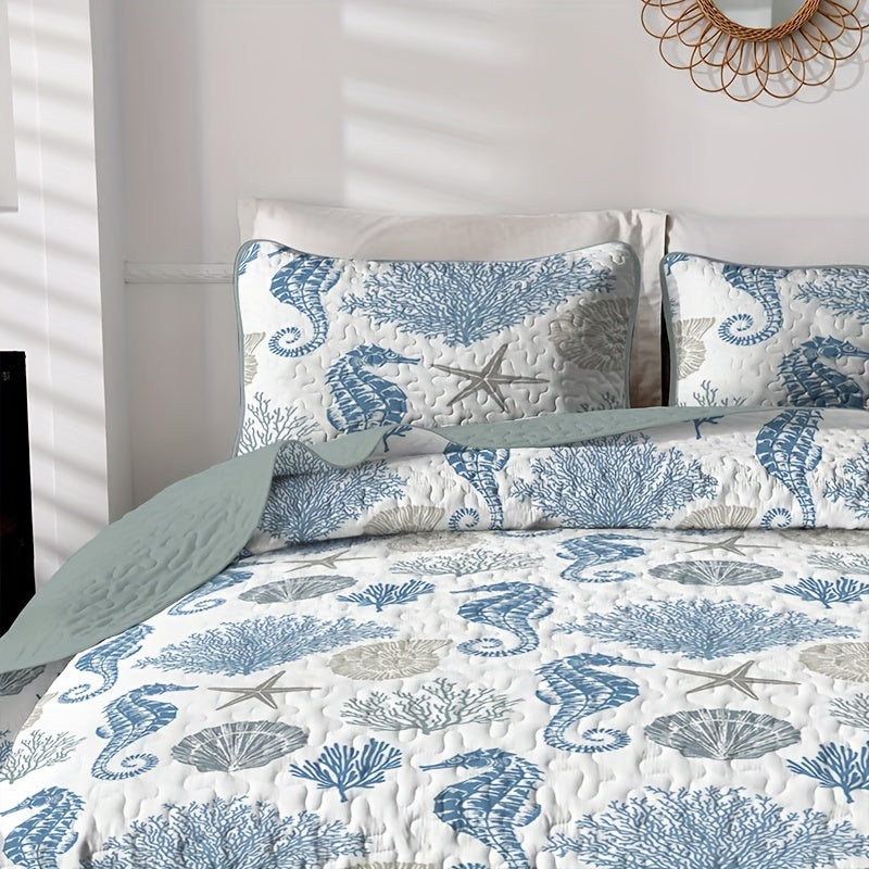 TEMU 3pcs Bedding Set - Soft Polyester Seahorse & Starfish Design Quilt Cover And Pillowcases, Lightweight, , Machine Washable - Beach-themed Bedroom