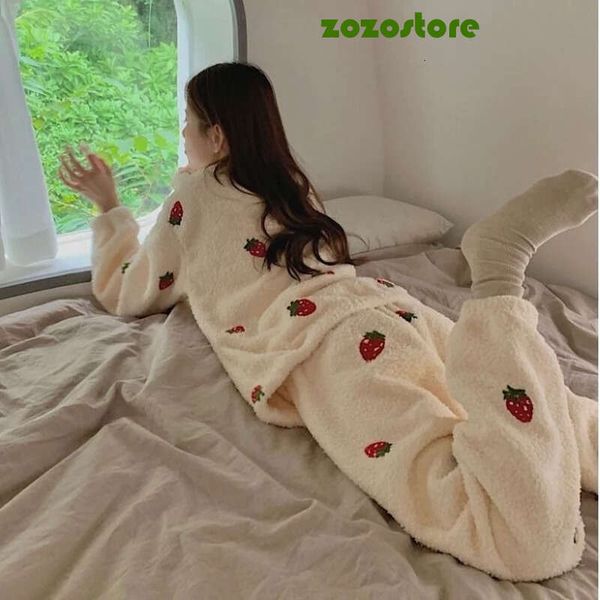 Women Pajama Sets Chic Kawaii Simple Strawberry Korean Style Chic Loose Females Cozy Sweet O-Neck Homewear Soft Warm Sleepwear 24