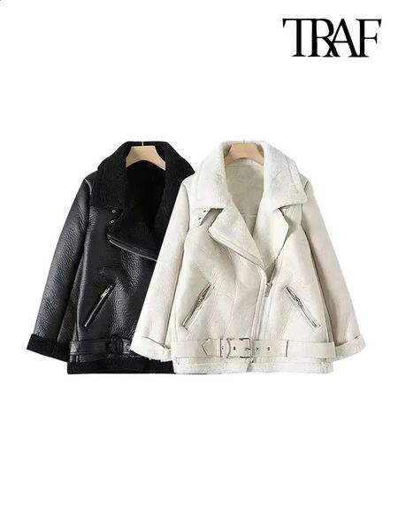 TRAFWomens Thick Warm Winter Fur Faux Leather Oversized Jacket Long Sleeve Coat Female Outerwear Chic Tops Fashion 241120