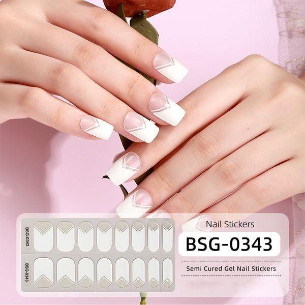 Semi Cured Gel Nail Strips Classic French (Crystal Frost) Sheer French Gel Nail Stickers with White Tips Glossy Nail Polish Wraps 16 Sticker
