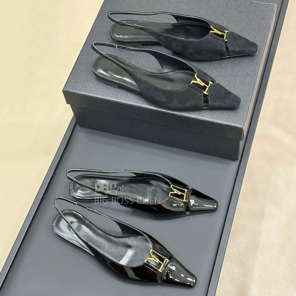 High quality Letter button Square-toe Patent leather suede slingbacks sandals Flat HeelDress shoes Luxury designer flats shoes Office shoes