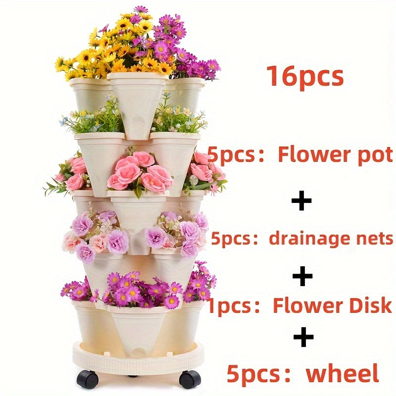 TEMU Selling 1 Set- 16pcs, 5 Layer Stackable Planter - Vertical Garden Planter For Flowers, Herbs, Strawberries And Vegetables - New Durable Ppp