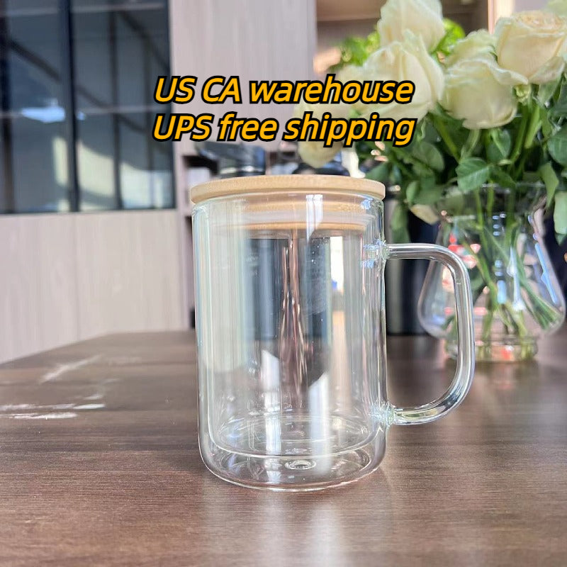 Reusable pre-drilled hole clear 15oz snow globe sublimation high borosilicate double walled glass coffee Milk beer mug with bamboo lid and handle Fo