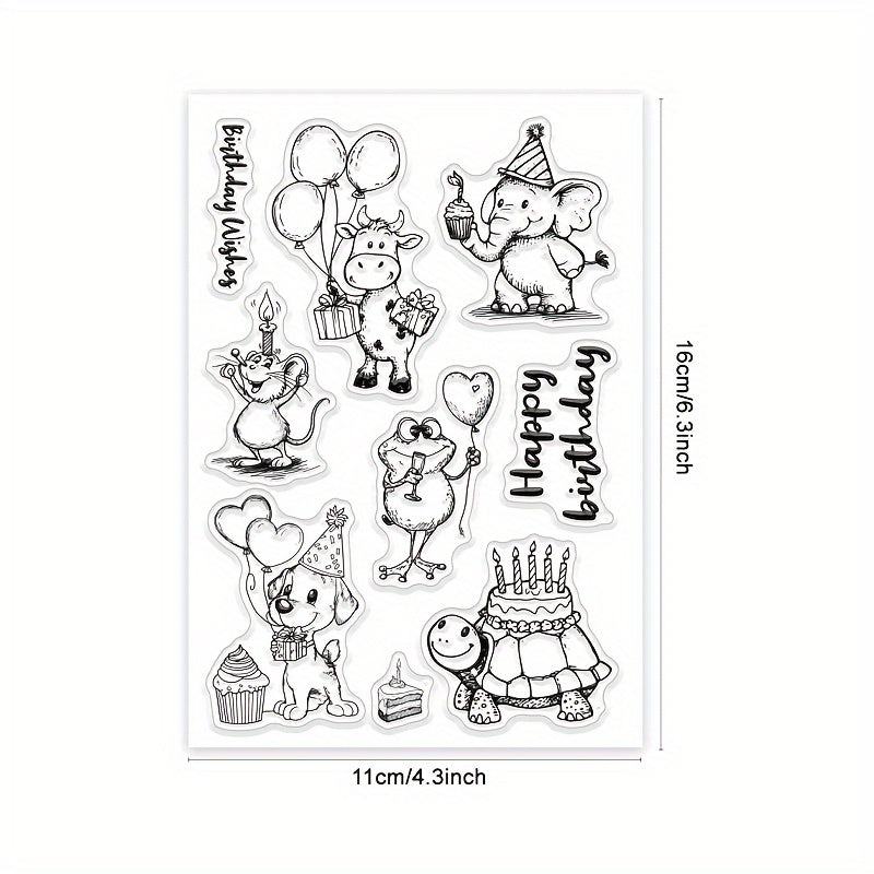 TEMU Cartoon Birthday Animal Transparent Stamps - Mouse, Dog, Frog, Elephant, Cow, Turtle - Pvc Rectangular Stamps For Scrapbooking, Card Making,