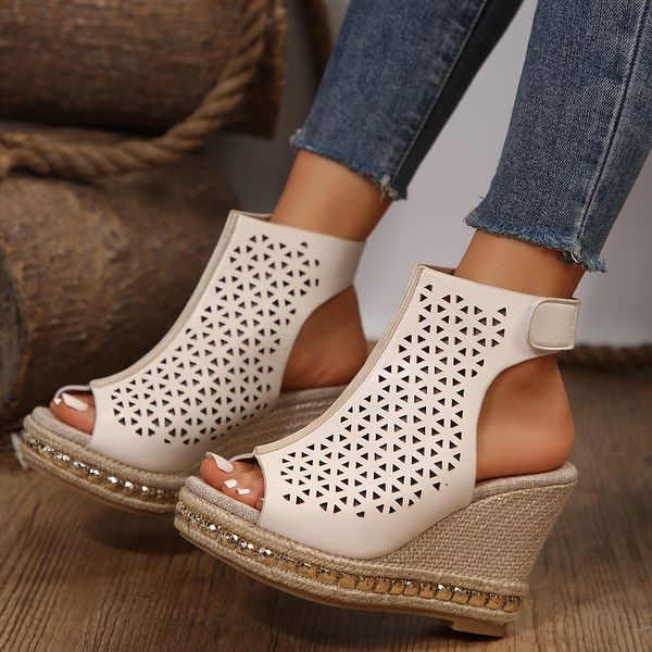 Wedges Women Sandals Heel Peep Toe Summer Footwear Hollow Casual High-heeled Roman Shoes Solid Sandalias De Plataforma Female a935