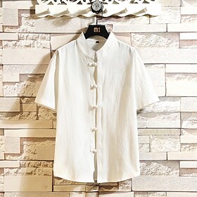 Homens Camisa Social camisa de verão Camisa casual camisa de praia Camisa Chinesa Preto Branco Azul Caqui Manga Curta Tecido Colarinho Mandarim Feriado Férias