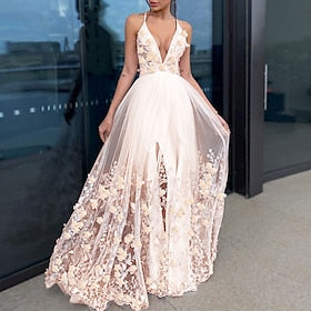 A-Line Evening Gown Party Dress Floral Dress Homecoming Wedding Guest Floor Length Short Sleeve V Neck Tulle with Draping Appliques 2024