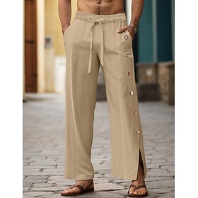 40% Linen Men's Linen Pants Trousers Summer Pants Drawstring Elastic Waist Side Button Plain Breathable Comfortable Office - Career Daily Vacation Classic Casu