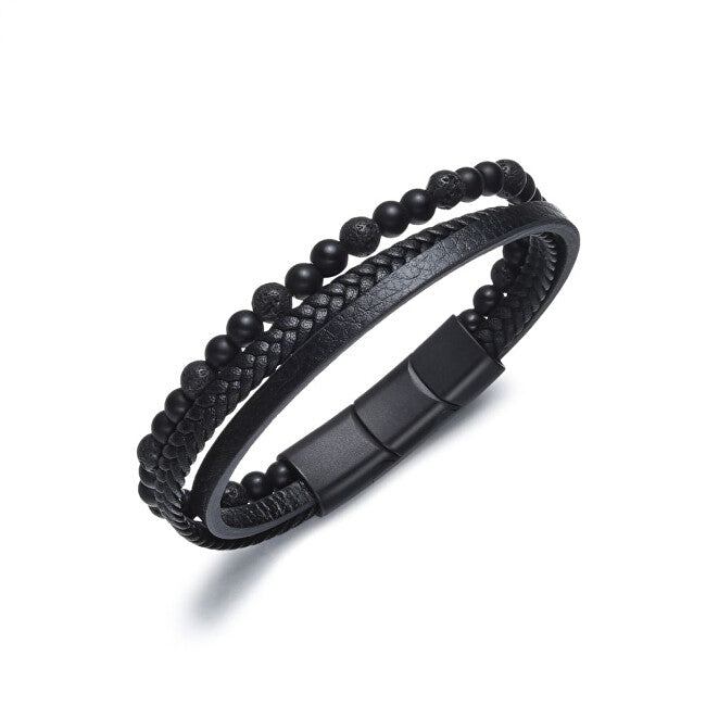 Diverse Men's Black Beaded Leather Bracelet B1G00212