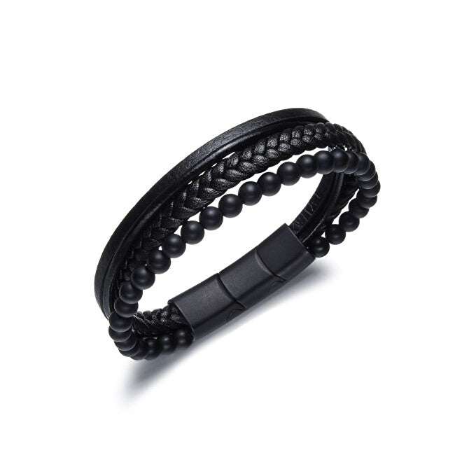 Diverse Black Leather Bracelet with Onyx Beads B1G00207