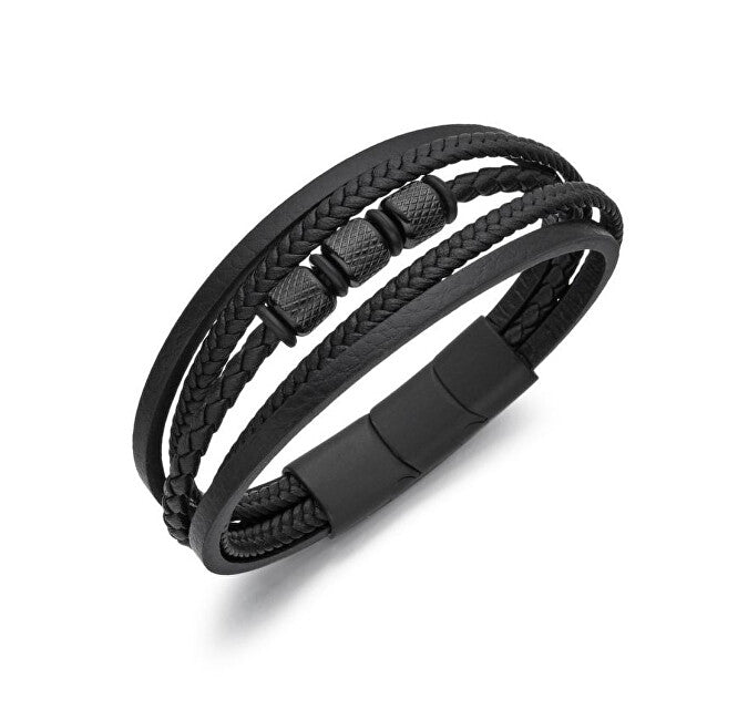 Diverse Men's Black Leather Bracelet with Straps B1000855
