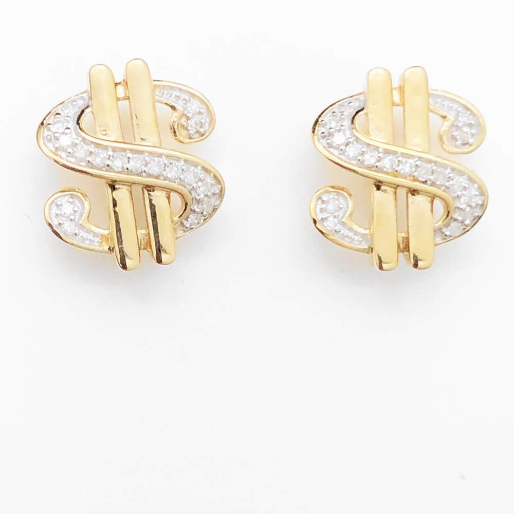 $ Dollar Sign Diamond Earrings .10cttw 10K Yellow Gold