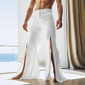 Homens Calças de linho Fenda Tecido Conforto Respirável Comprimento total Casual Diário Feriado Moda Básico Preto Branco Micro-Elástica