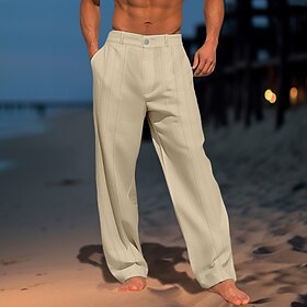 Homens Calças de linho Calças Calça verão Pregas Perna reta Tecido Conforto Respirável Comprimento total Casual Diário Para Noite Moda Roupa de rua Branco Azul