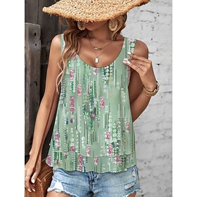 Women's Tank Top Flowy Layered Green Floral Print Casual Beachwear Vacation Tiered Sleeveless Crew Neck Summer Tank