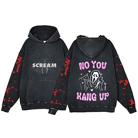Halloween Scream Ghostface Skull Skeleton Hoodie Oversized Acid Washed Tee Print Front Pocket Graphic For Couple's Men's Women's Adults' Masquerade Hot Stampin
