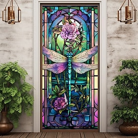 Stained Glass Dragonfly Door Covers Mural Decor Door Tapestry Door Curtain Decoration Backdrop Door Banner Removable for Front Door Indoor Outdoor Home Room De