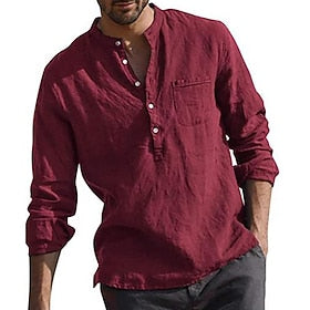 Men's Linen Shirt Summer Shirt Beach Wear Black White Wine Long Sleeve Solid Color Henley Spring   Fall Daily Hawaiian Clothing Apparel Collared Shirts