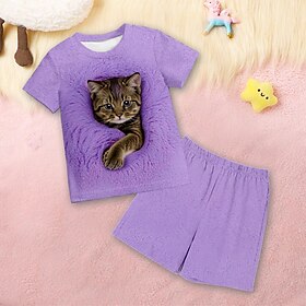 Girls' 3D Cat Tee  Shorts Pajama Set Pink Short Sleeve 3D Print Summer Active Fashion Cute Polyester Kids 3-12 Years Crew Neck Home Causal Indoor Regular Fit