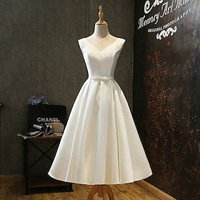 Rétro Vintage 1950s Petite robe blanche Robe longueur genou Mariée Femme Couleur Pleine Trapèze Col V Mascarade Mariage Enterrement de Vie de Jeune Fille Fête