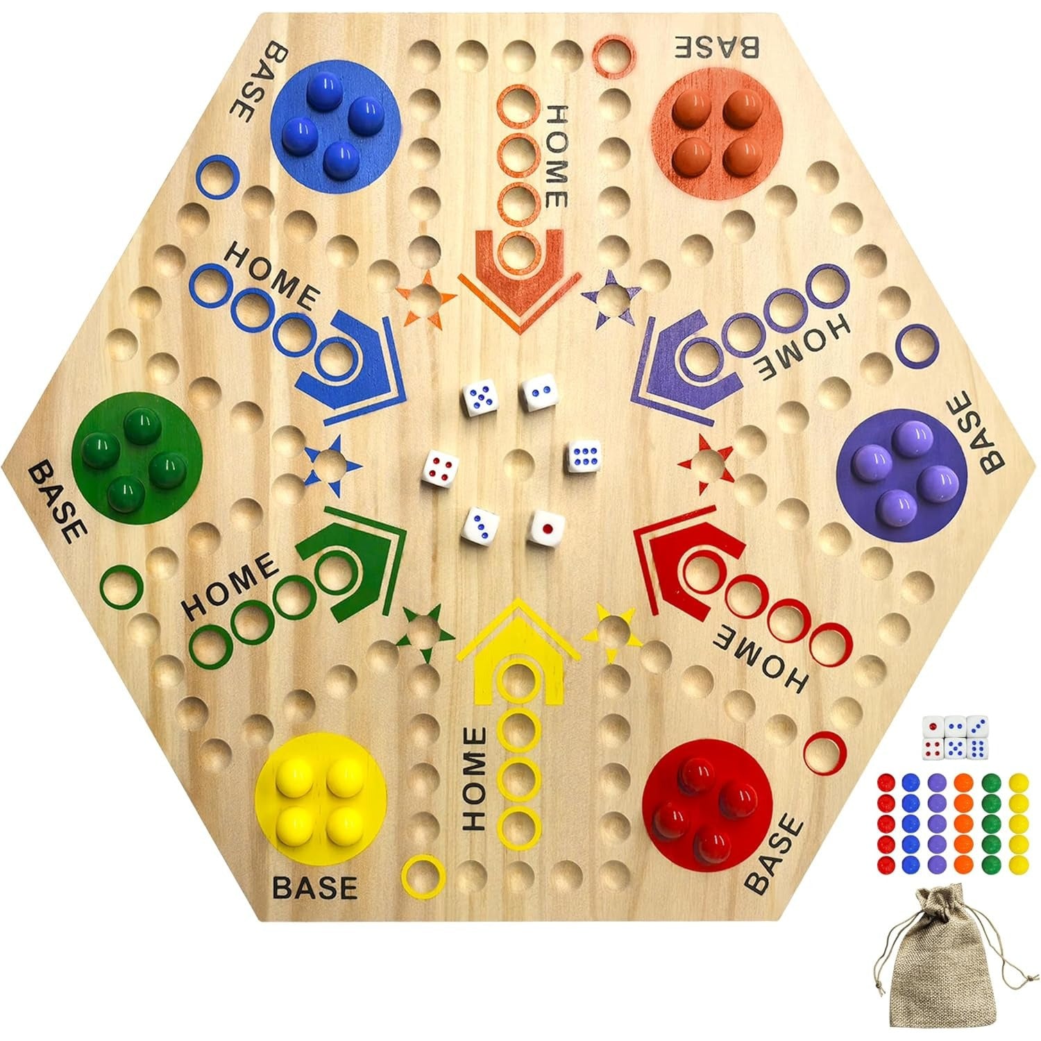 TEMU Double-sided Painted Wooden Board Game, Two-sided Board Classic , For 2 To 6 Players, 6 Colors 24 Marbles 6 Dice, Suitable For Family ,