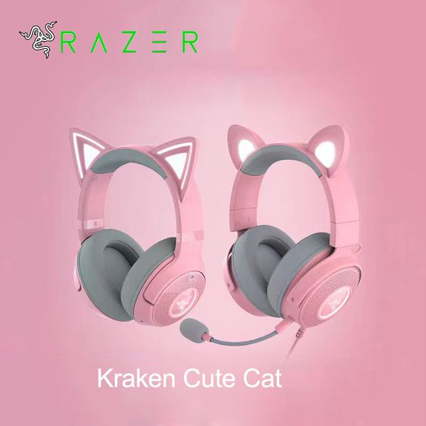 Razer Kraken cute cat Headphones E-sports Gaming Headset with Microphone 7.1 Surround Sound RGB lighting Wired for PC PS4 noise cancelling h