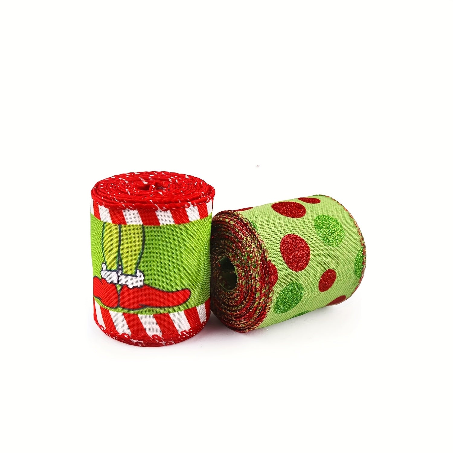 TEMU 2 Rolls 2.5 Inch Christmas Ribbon - Monster Ribbon With Polka Dots, Stripes & Candy Cane Patterns, Glossy Polyester For Gift Wrapping, Wreath