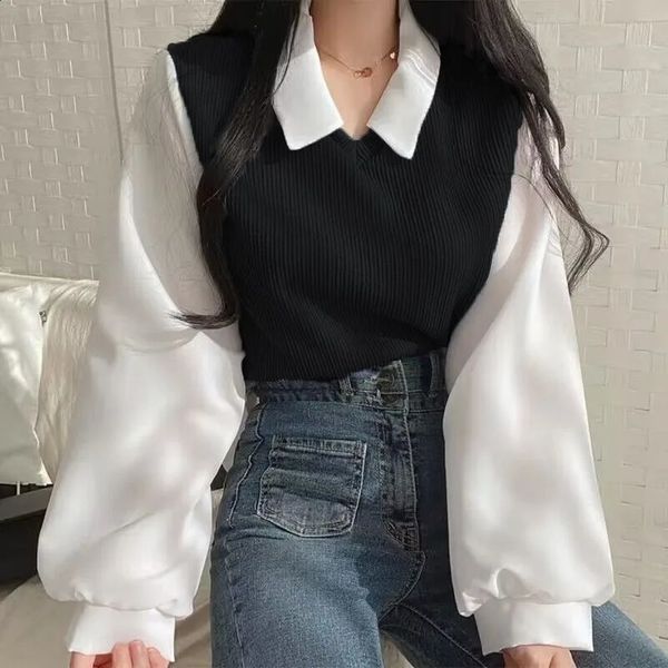 Thread of Screw False Two-piece Polo Collar Sweatshirts Women Korean Patch Fashion Loose Female Pullovers Autumn Winter Y2k Tops 240725