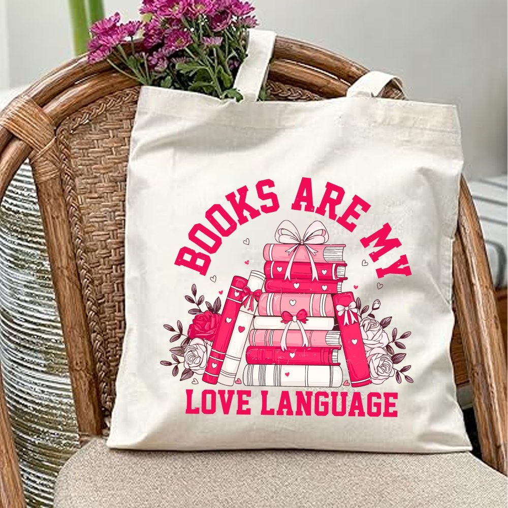 TEMU Valentine's Day Canvas Tote Bag | Aesthetic Pink With "books Are My Love Language" Print | Large Capacity, Durable Shoulder Bag For Shopping,