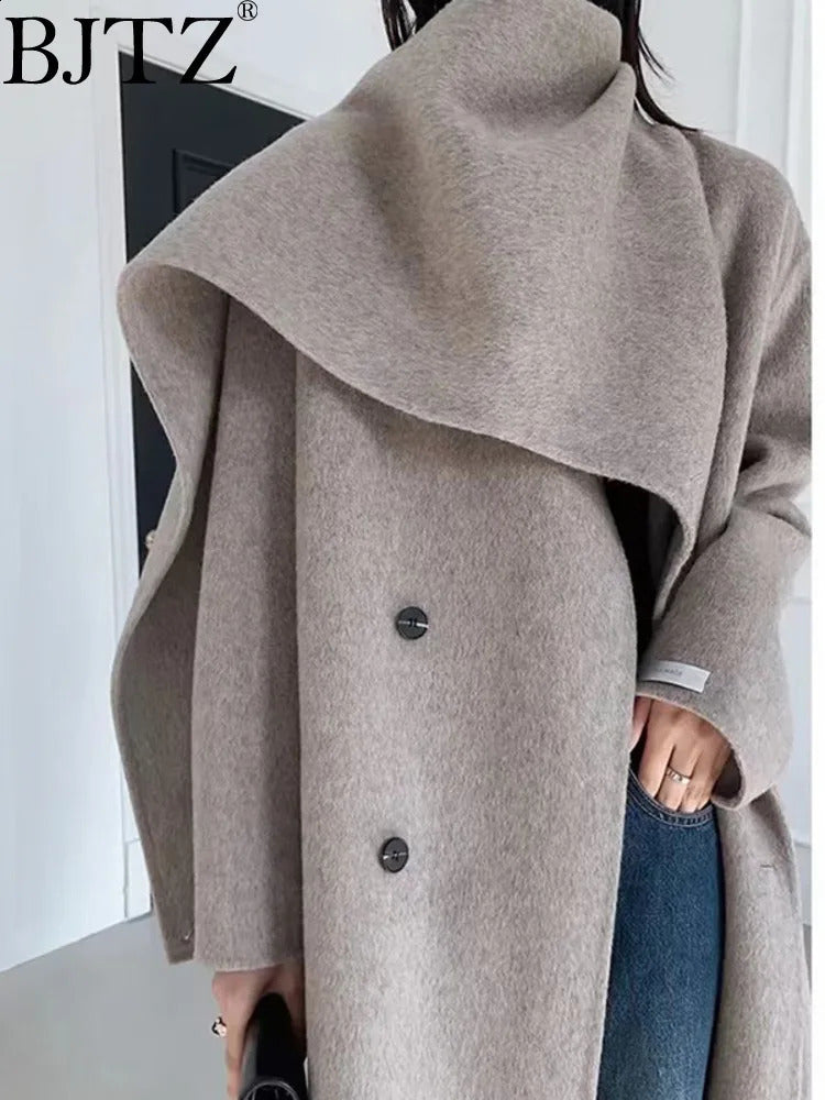 Coat Shawl Scarf Collar Double breasted Solid Color Extended Womens Double sided Woolen Coat 240911
