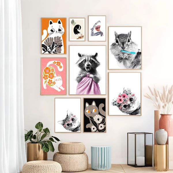 3 pieces Wooden Framed Canvas Poster Cat, bubble gum, cute cat animals, Creative Waterproof Canvas Posters, Bedroom, Office, Living Room,Bar