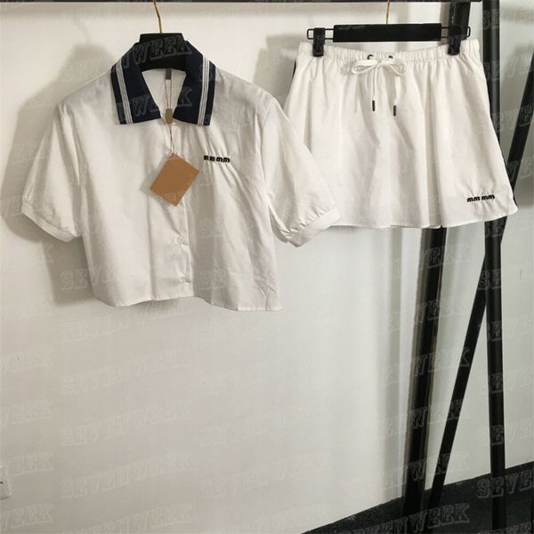 Embroidered Letter Crop Shirts Tees Skirts Fashion 2pcs Women Clothes White Blouse Tops Short Dress Two Piece
