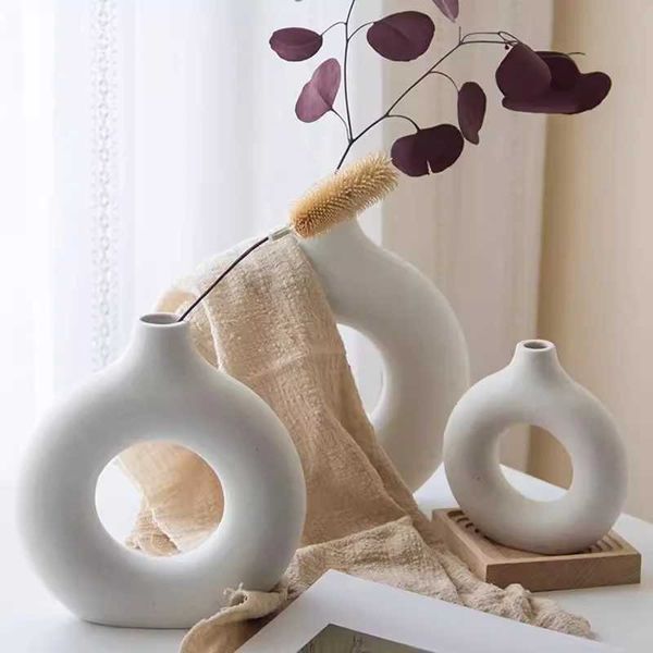 Vases New Nordic style plastic vase imitation ceramic decorative vase donut shaped flower pot two half spliced ins creative design z241212